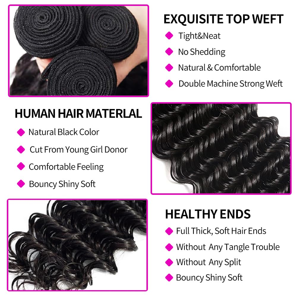 Pacotes de cabelo humano com f - Deep Wave 3 Bundles With Closure avaliação e preço