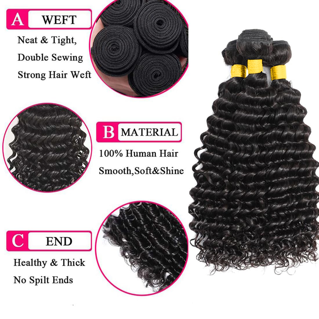 Pacotes de cabelo humano com f - Deep Wave 3 Bundles With Closure avaliação e preço